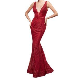 Jadore Patterened Sequin Deep V-Neck Sparkle Gown Red Size 6 NWT